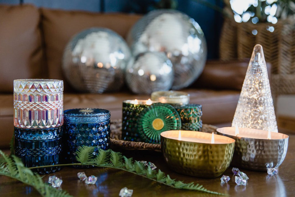 Silver Winter Wonderland Candle displayed as part of a festive holiday centerpiece.