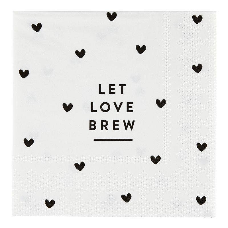 White Cocktail Napkin with black hearts that states "Let Love Brew".  Found in World of Gifting's  Love & Coffee Gift Box.