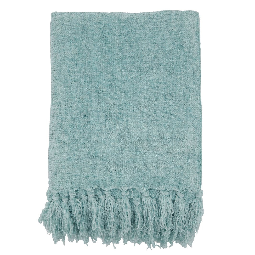 Folded Aquamarine Chenille Fringe Throw Blanket showcasing fringe details.
