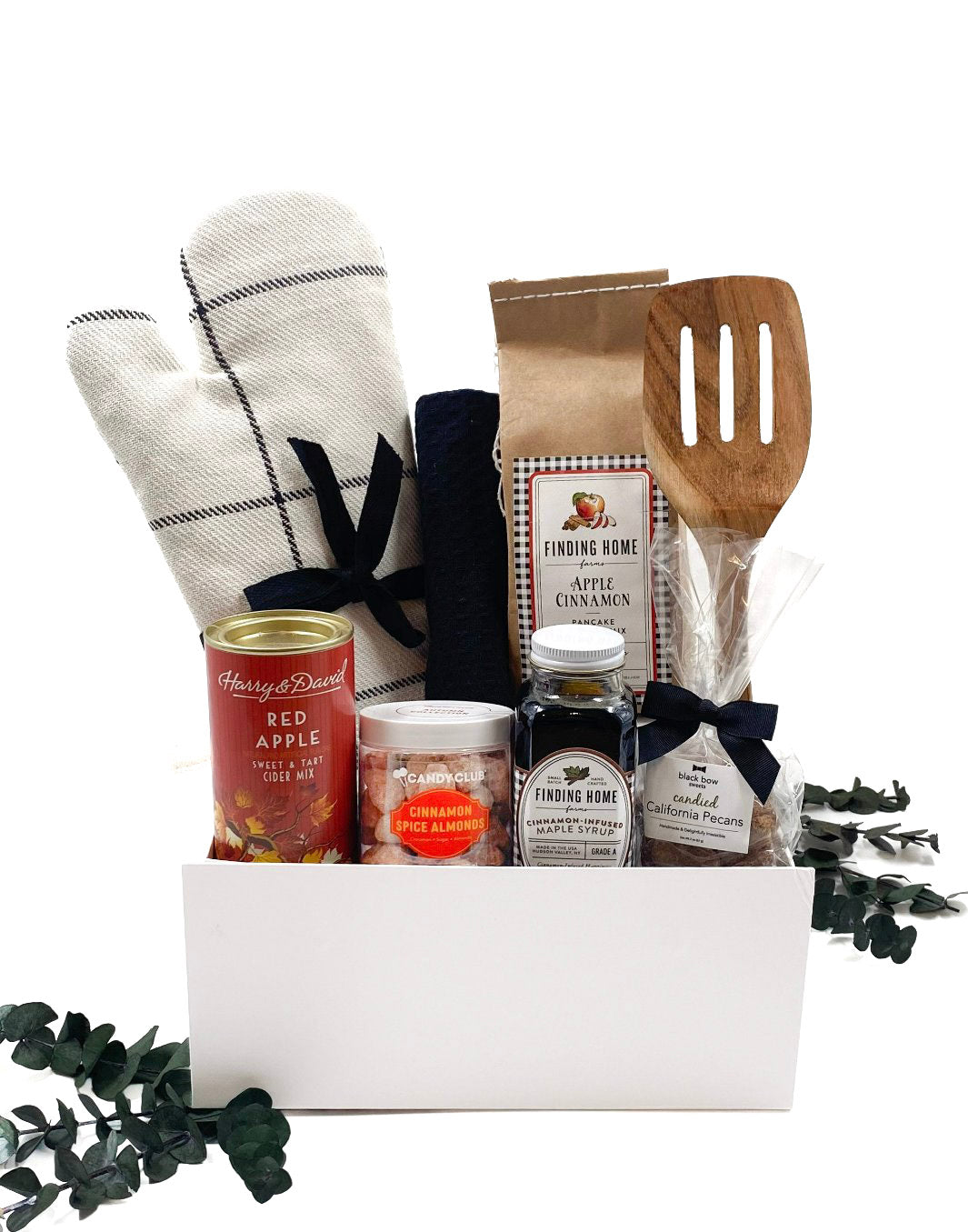 Autumn Harvest Breakfast Set gift box with apple cinnamon pancake mix, cinnamon maple syrup, cider mix, baking essentials, spiced almonds, and candied pecans.