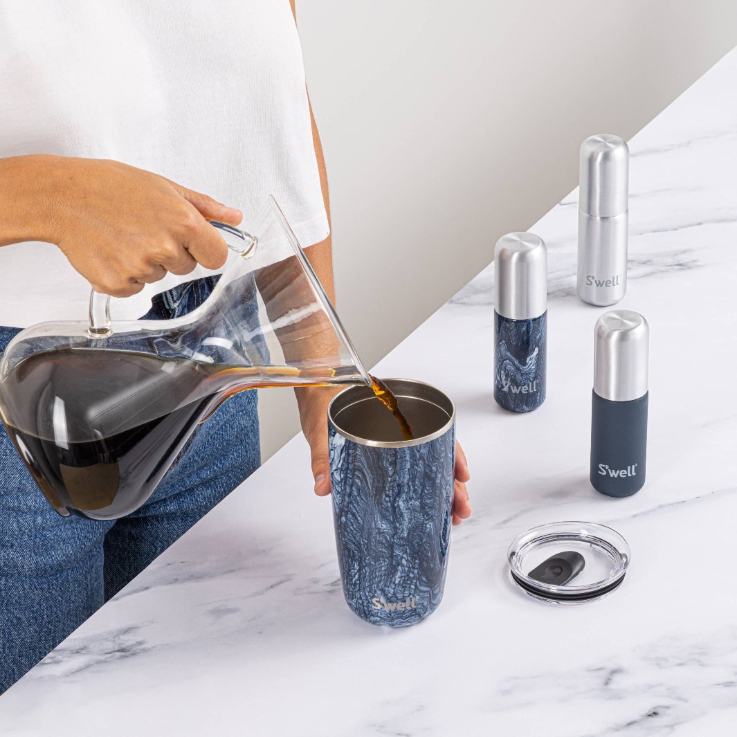 Azurite Marble Travel Bottle Set and Azurite Marble Travel Mug.