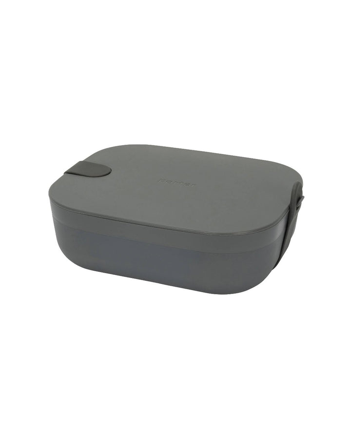 Bento lunch box with the silicone snap-strap securely closed