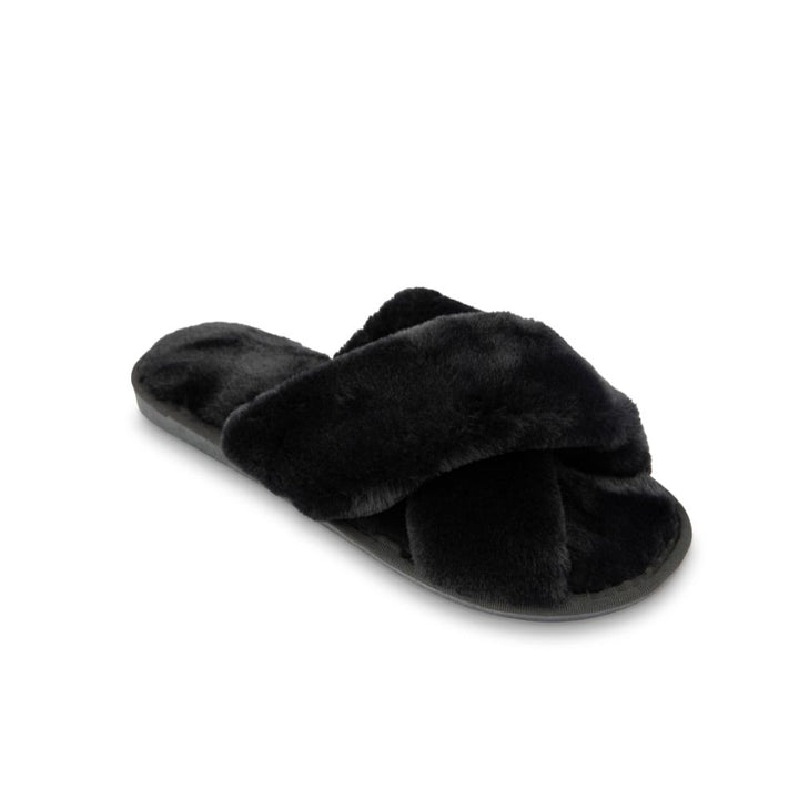 Black Plush Cross Band Slippers