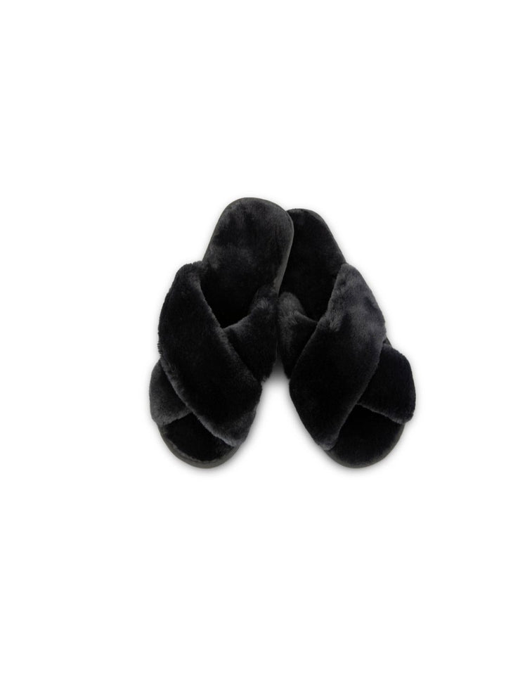 Black Plush Cross Band Slippers