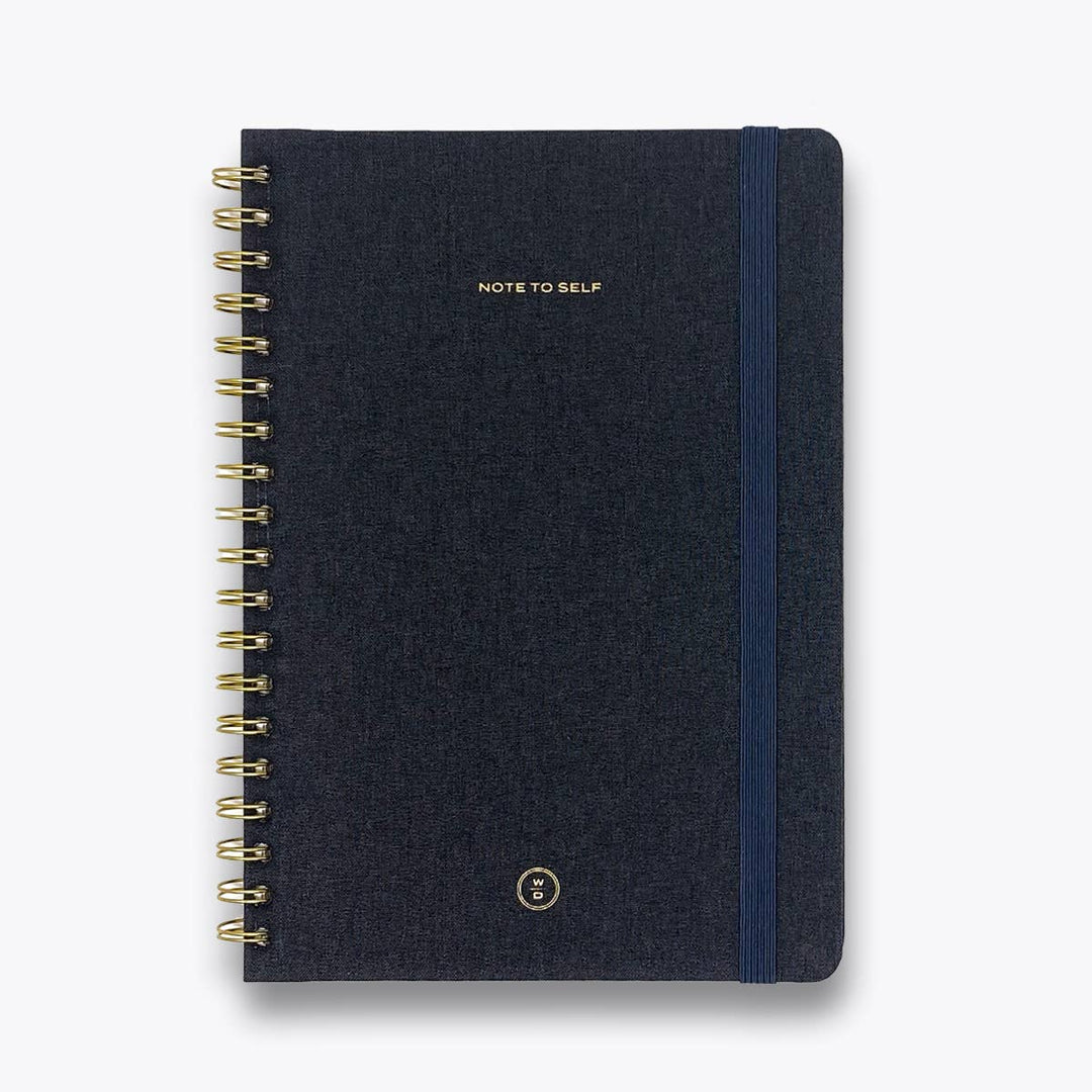 Black Linen 'Note to Self' Notebook with gold spiral binding and blue elastic closure, designed for work and journaling.