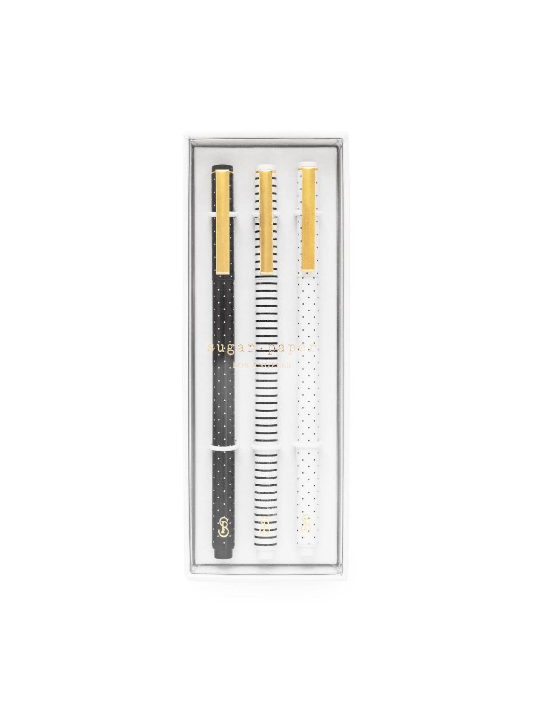 Set of 3 coordinating felt pens in white pin dot, black pin dot, and black-and-white stripe designs.