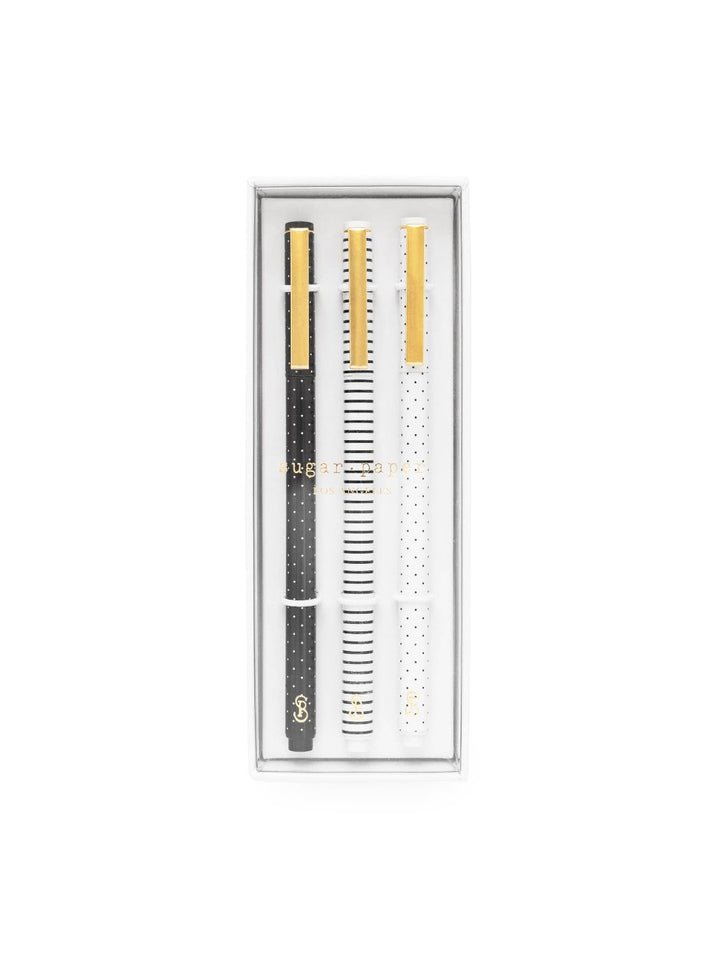 Set of 3 coordinating felt pens in white pin dot, black pin dot, and black-and-white stripe designs.