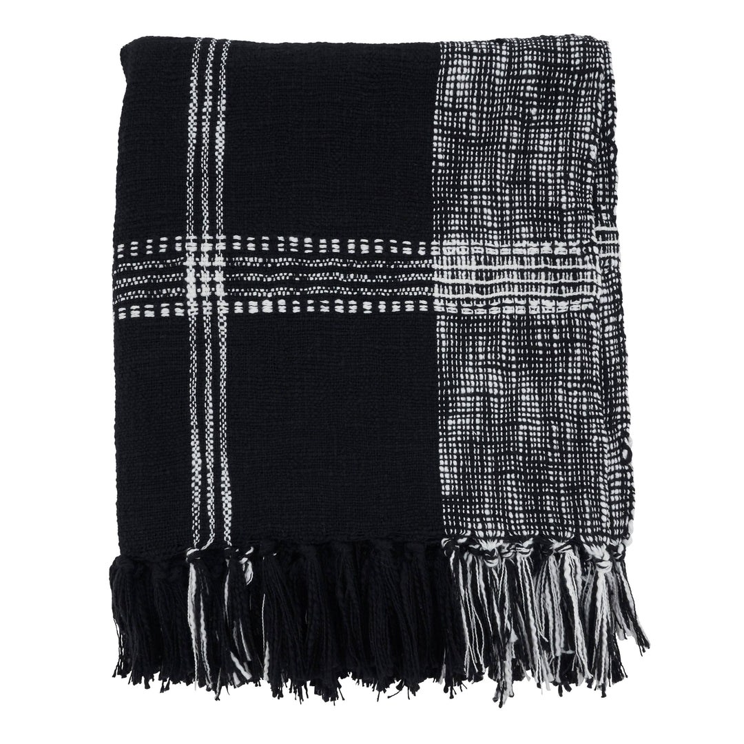 Black and White Plaid Throw Blanket folded.