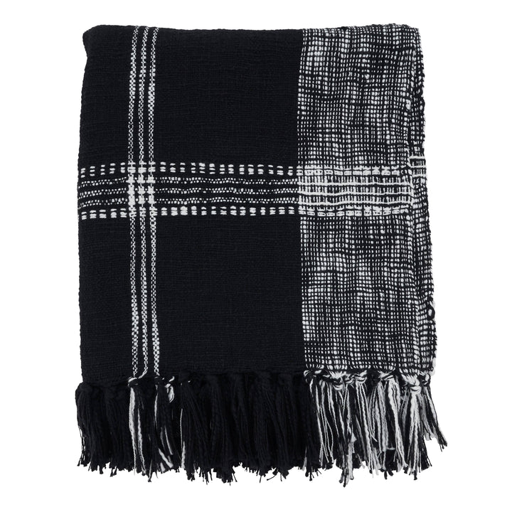 Black and White Plaid Throw Blanket folded.