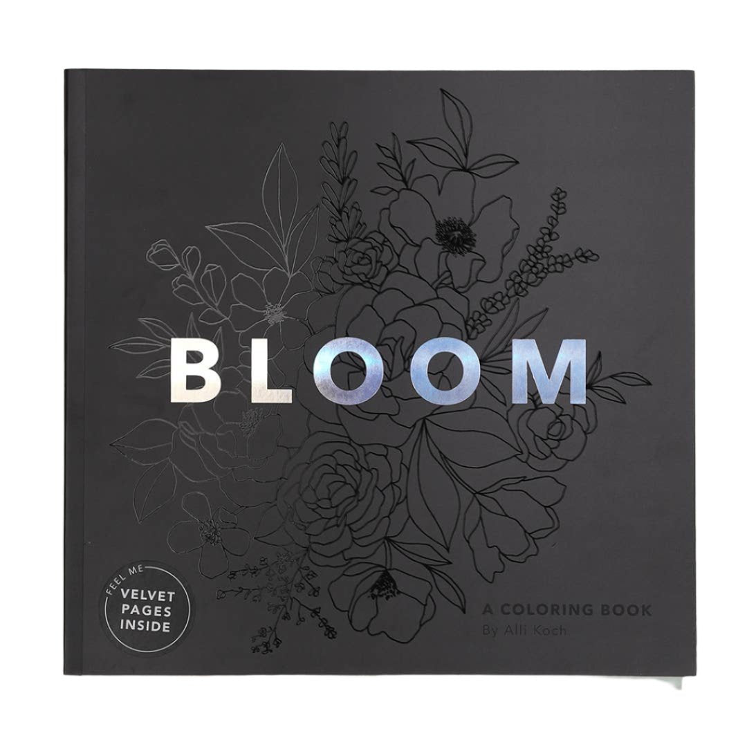Front Cover of Bloom Adult Coloring Book: A beautifully hand-illustrated cover featuring floral designs with an iridescent foil title.