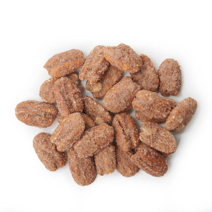 Gourmet candied pecans showcasing their cinnamon-sugar coating and crunchy texture.