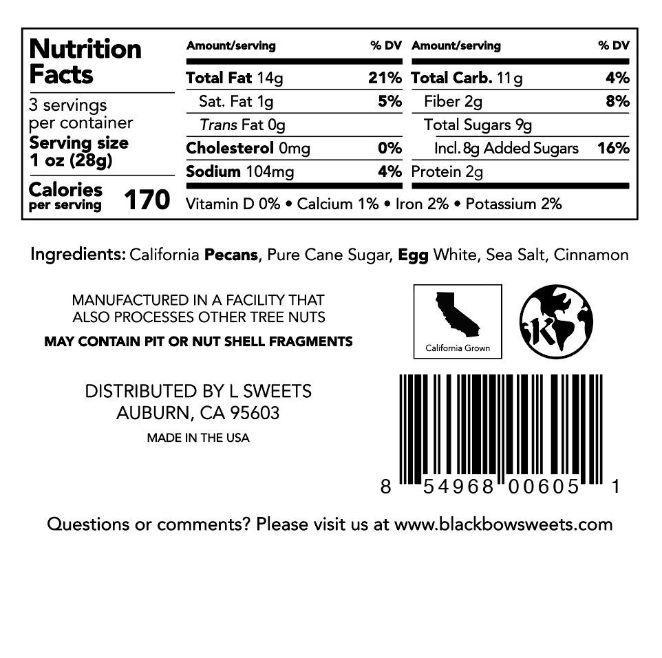 Candied California Pecans Small Gift Box Nutrition Facts- includes 3 servings. 