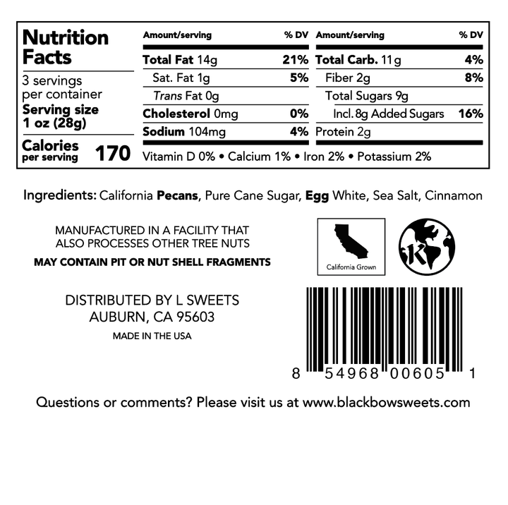 Candied California Pecans Small Gift Box Nutrition Facts- includes 3 servings. 