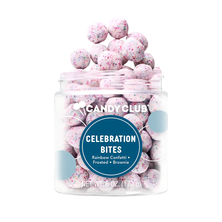A jar of Celebration Brownie Bites with the lid open, spilling out vibrant candy.