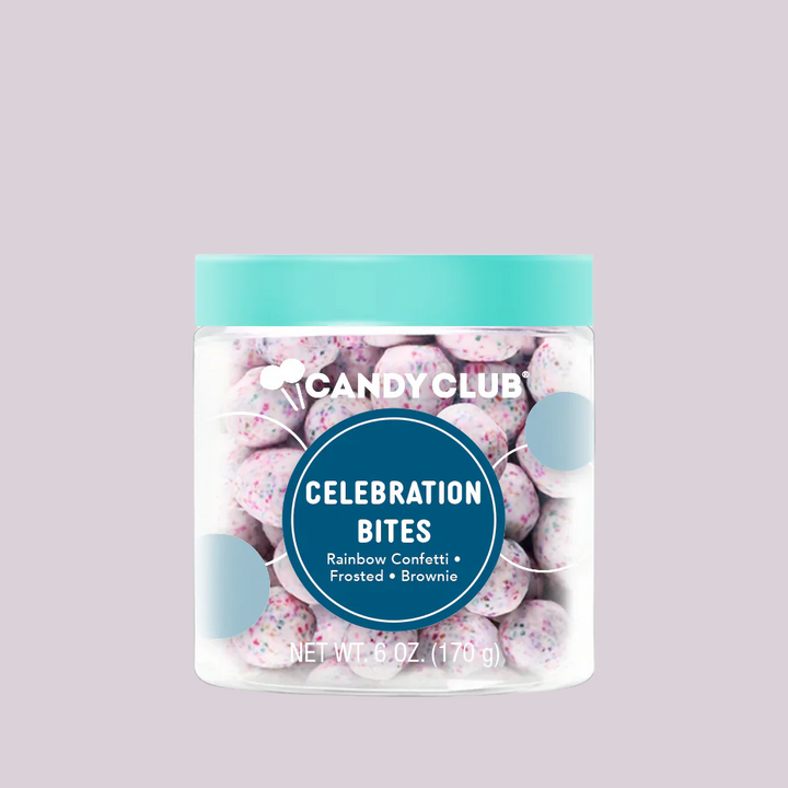 A jar of Celebration Brownie Bites Rainbow Confetti Frosted Brownies.