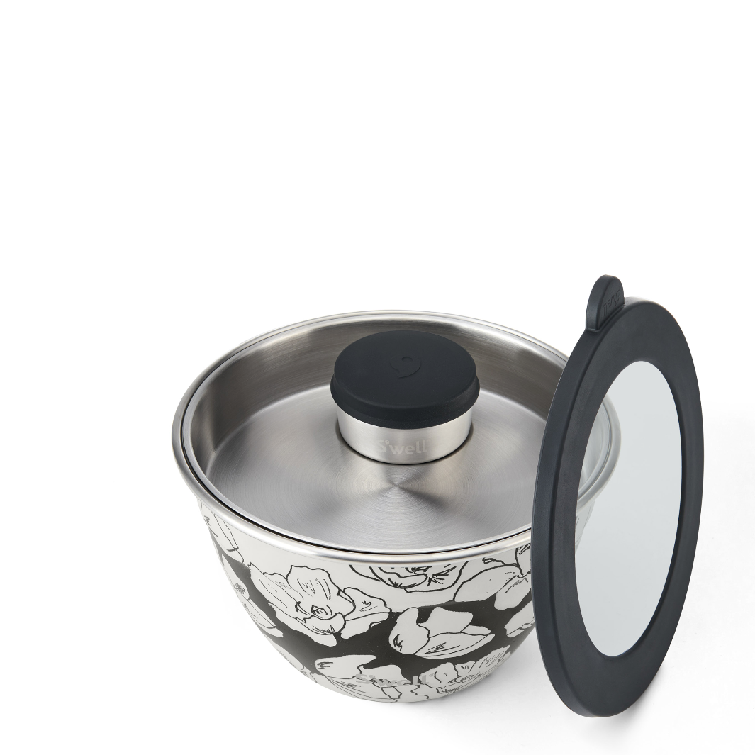 Charcoal Bloom Salad Bowl Kit featuring a 64oz bowl, removable tray, and condiment container, displayed on a countertop.