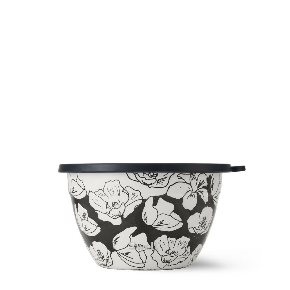 Side view of the Charcoal Bloom Salad Bowl showcasing its black-and-white floral design, leak-proof lid, and sleek, durable construction.
