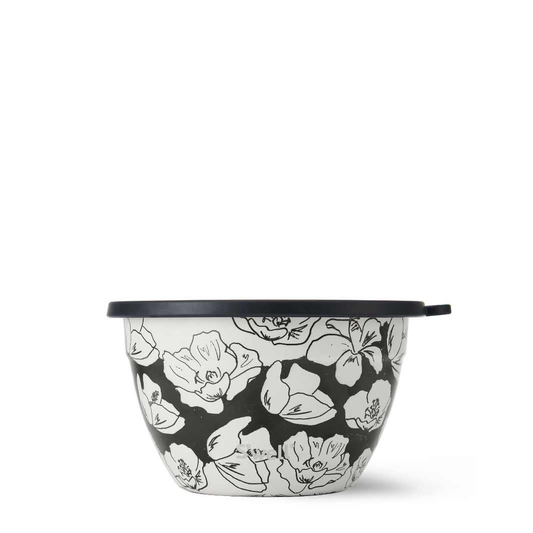 Side view of the Charcoal Bloom Salad Bowl showcasing its black-and-white floral design, leak-proof lid, and sleek, durable construction.