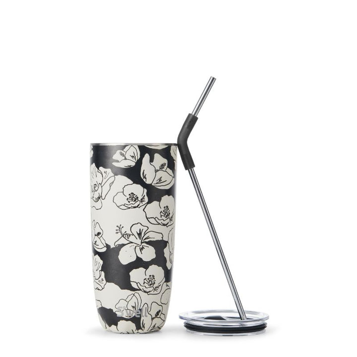 Black and white 24oz insulated tumbler with triple-layered stainless steel construction.