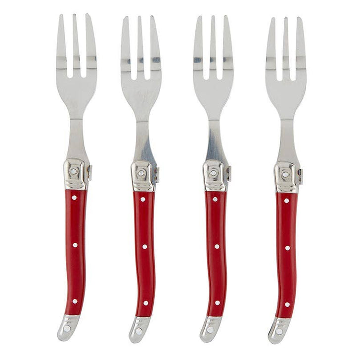 Festive stainless steel charcuterie forks with red handles for holiday entertaining.