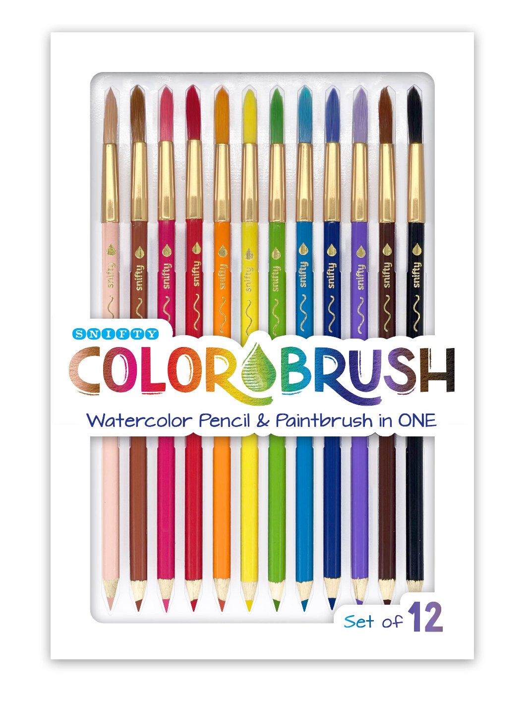 A set of 12 Colorbrush watercolor pencils and paintbrushes arranged in rainbow and skin tones.