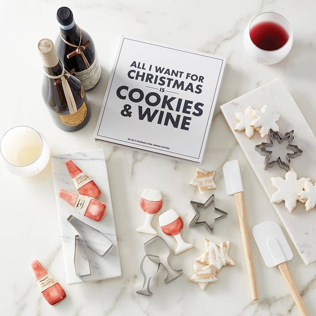 Cookies & Wine Cookie Cutter Gift set with cookies made from the cookie cutters on a festive holiday table. 