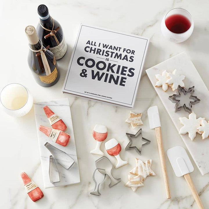 Cookies & Wine Cookie Cutter Gift set with cookies made from the cookie cutters on a festive holiday table. 