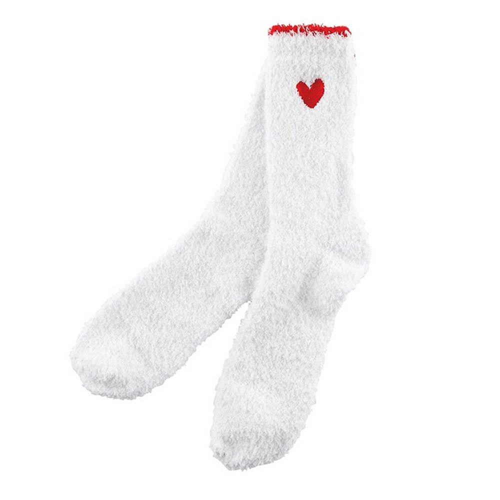 These cozy white socks with red heart and trim come inside a clear ornament ball.