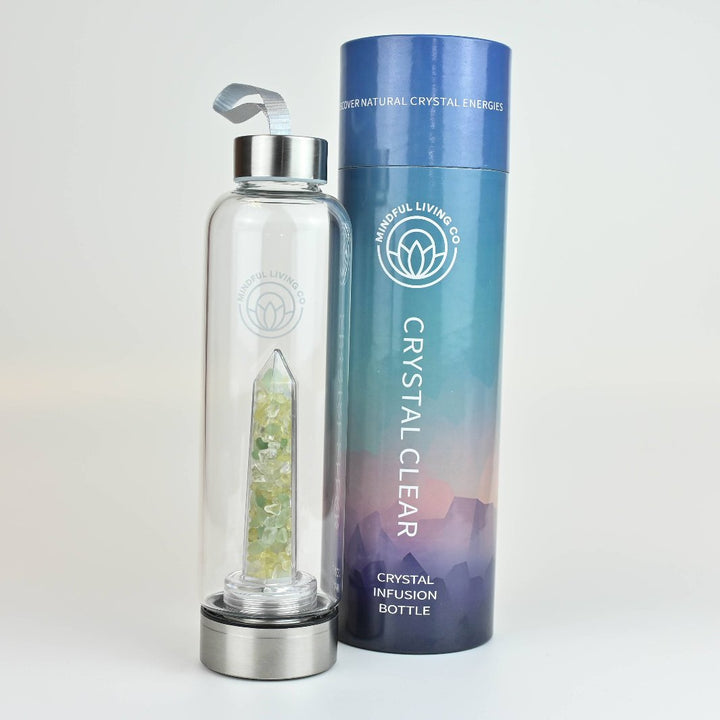 Mindful Living Luck and Prosperity Blend Crystal Water Bottle with Retail Packaging.