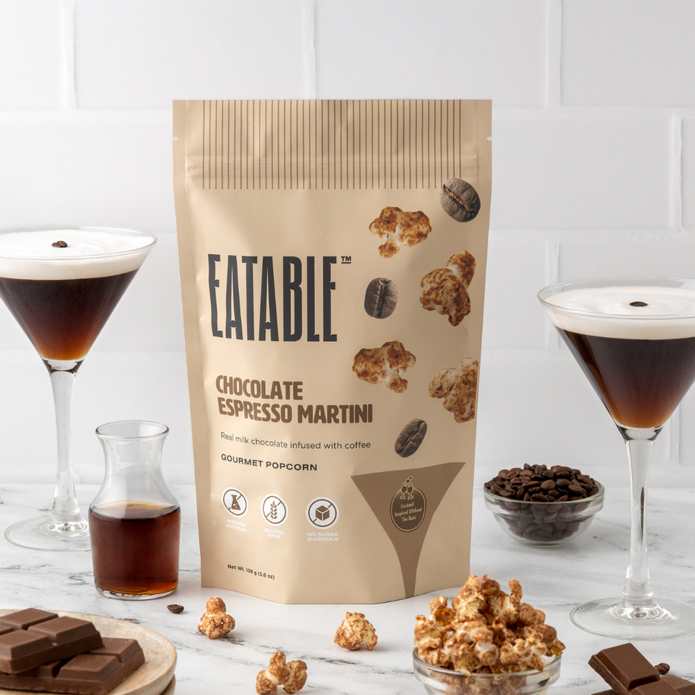 Large Bag of Eatable Espresso Martini Popcorn with 2 Espresso Martinis. 