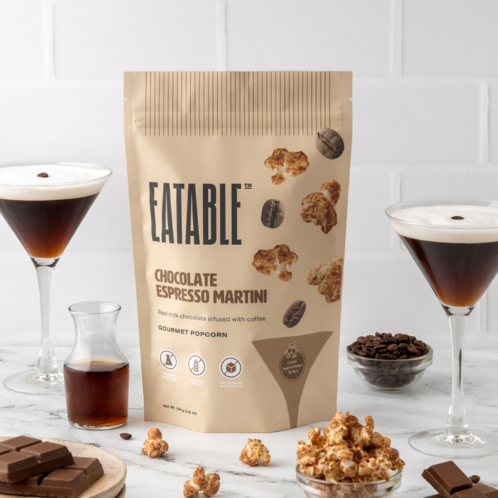 Large Bag of Eatable Espresso Martini Popcorn with 2 Espresso Martinis. 