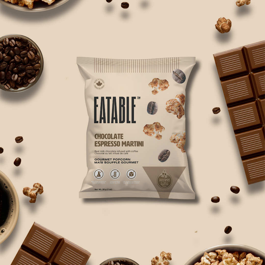 Product Bag: "Chocolate Espresso Martini Gourmet Popcorn in 1 oz resealable foil bag