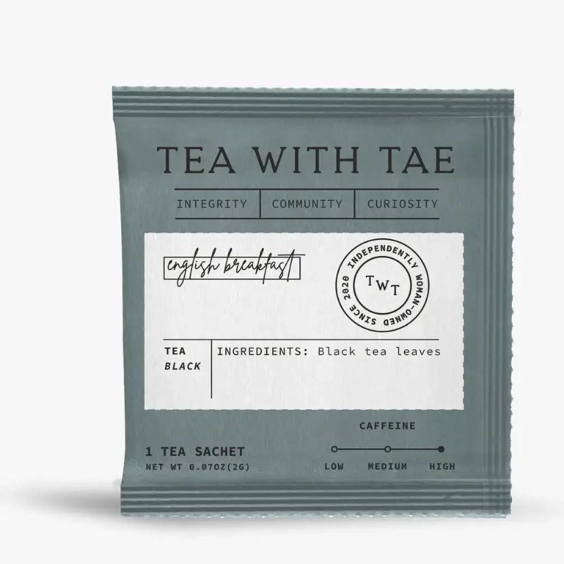 Tea with Tae English Breakfast Tea sachet individually wrapped for freshness and convenience.