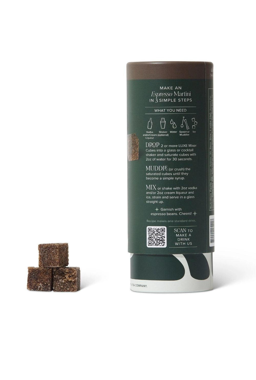 Three Espresso Martini Mixer Cubes and Packaging Instructions to make an Espresso Martini in 3 simple steps. 