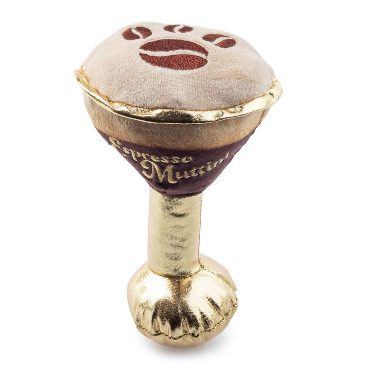 Espresso Muttini plush dog toy shaped like a coffee martini.