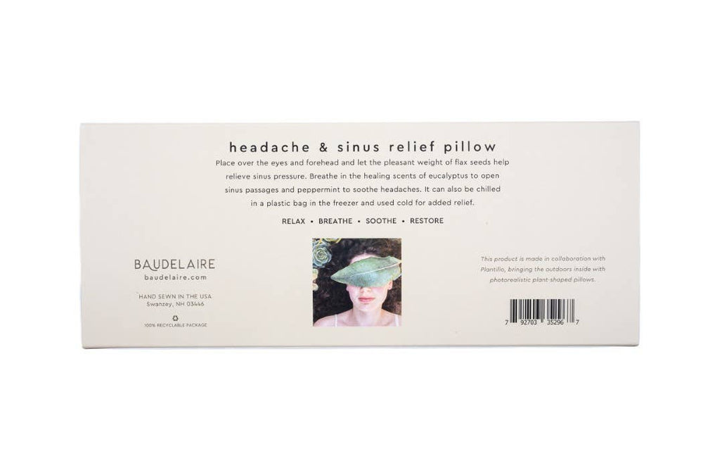 Back of packaging with instructions for use. Place over eyes and forehead, breathe in scents of eucalyptus to open sinus passages and peppermint for headaches. Can be chilled for added relief. 