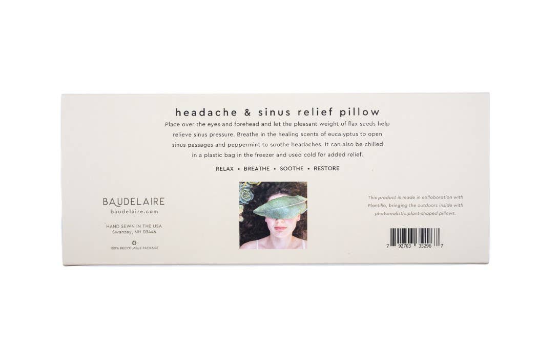 Back of packaging with instructions for use. Place over eyes and forehead, breathe in scents of eucalyptus to open sinus passages and peppermint for headaches. Can be chilled for added relief. 