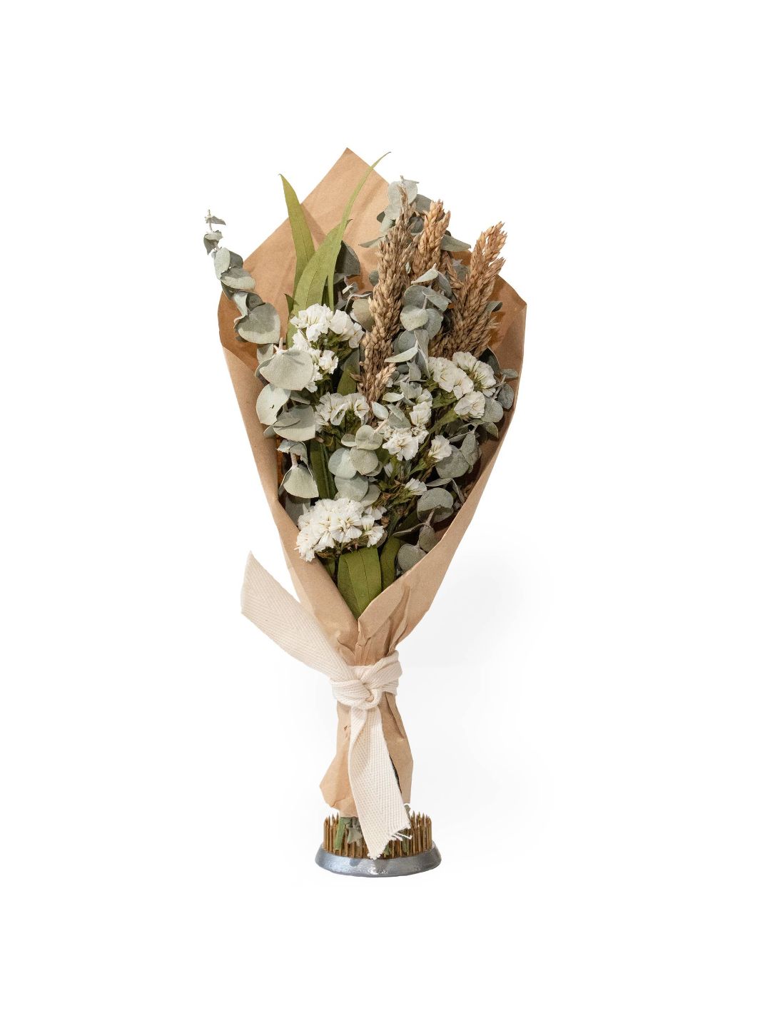 Handmade bouquet with white statice, baby eucalyptus, and willow.