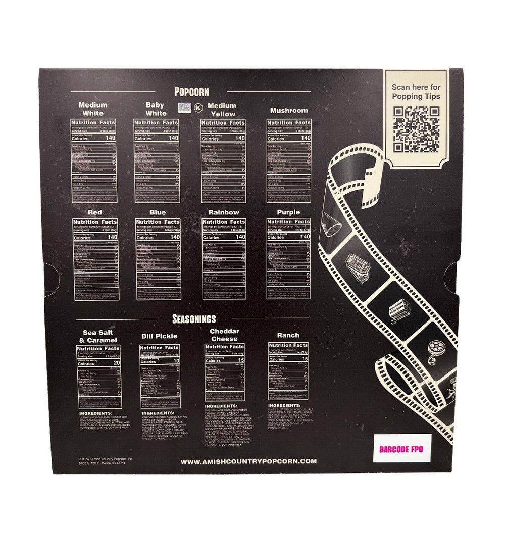Flat lay of the Movie Night Popcorn Variety Pack Back Cover shows product contents and nutrition information for each product.
