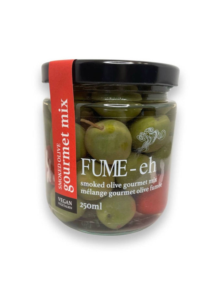 Smoked Olive Gourmet Mix with Cerignolas and Castelvetrano Olives in brine.