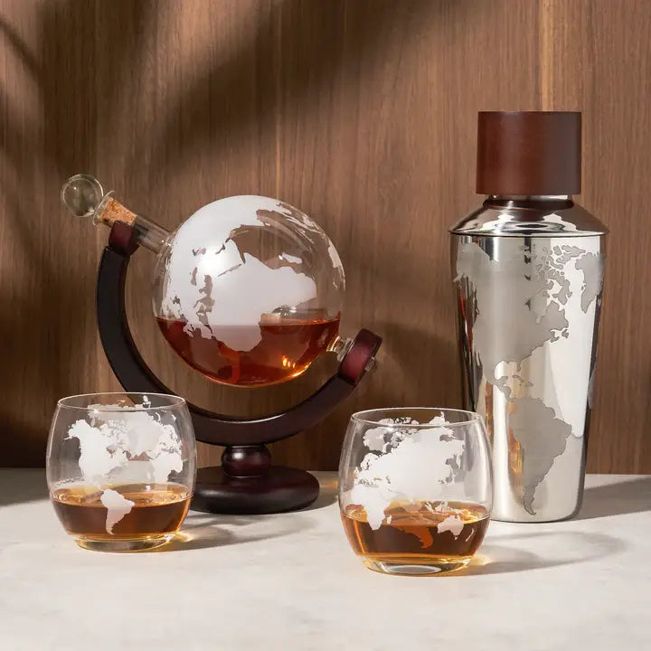 Globe Themed Stainless Steel Cocktail Shaker with decanter and glasses