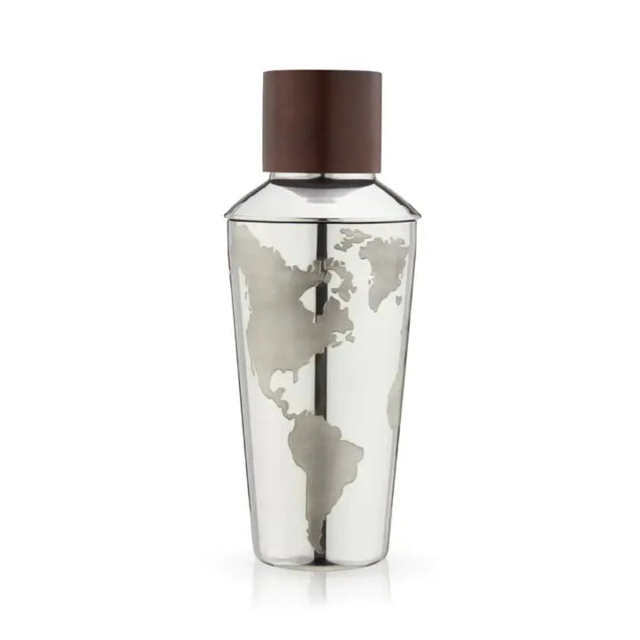 Globe Themed Stainless Steel Cocktail Shaker by Viski with Etched World Map and Wood Cap.