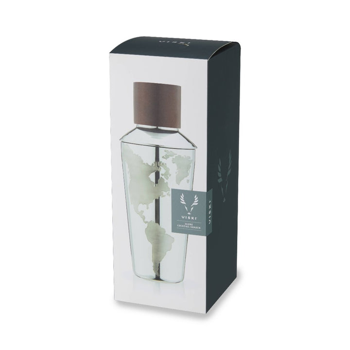Globe Themed Stainless Steel Cocktail Shaker by Viski in retail box.