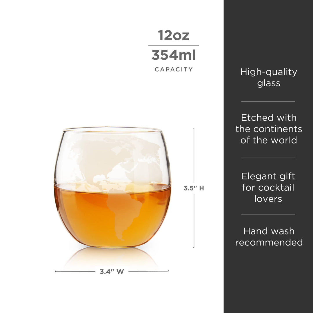 Highlights include: high-quality glass, etched with continents, elegant gift for cocktail lovers, travelers.