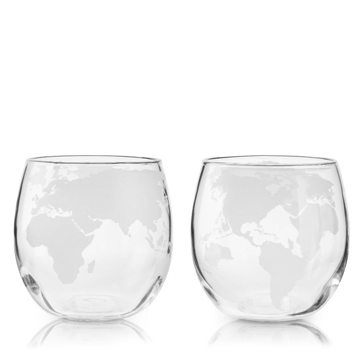 Set of 2 etched glass whiskey tumblers with a globe design, each holding 12 oz, perfect for unique and stylish gifting.