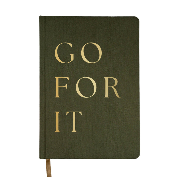 Olive green fabric journal featuring gold foil "Go For It" design.