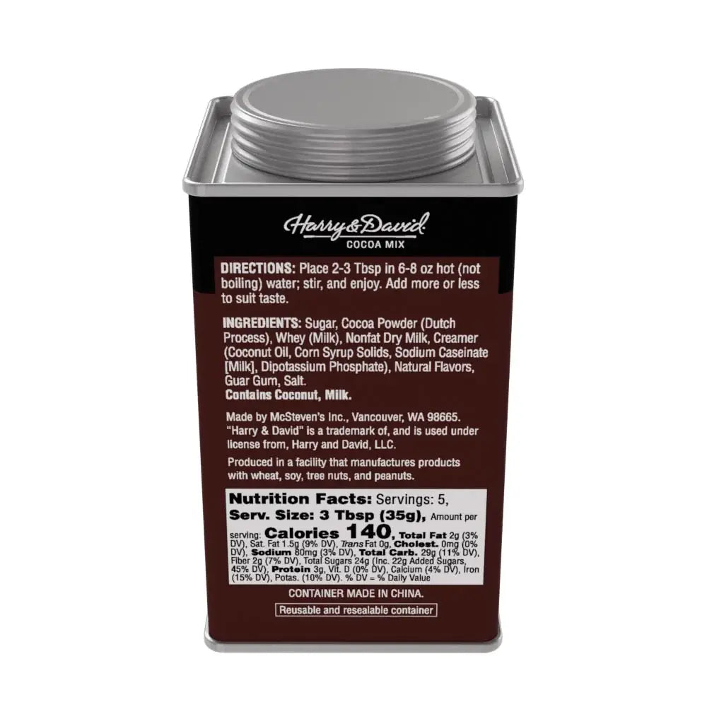 Back view of Harry & David Double Dark Chocolate Truffle Cocoa tin showing ingredients list and preparation directions.