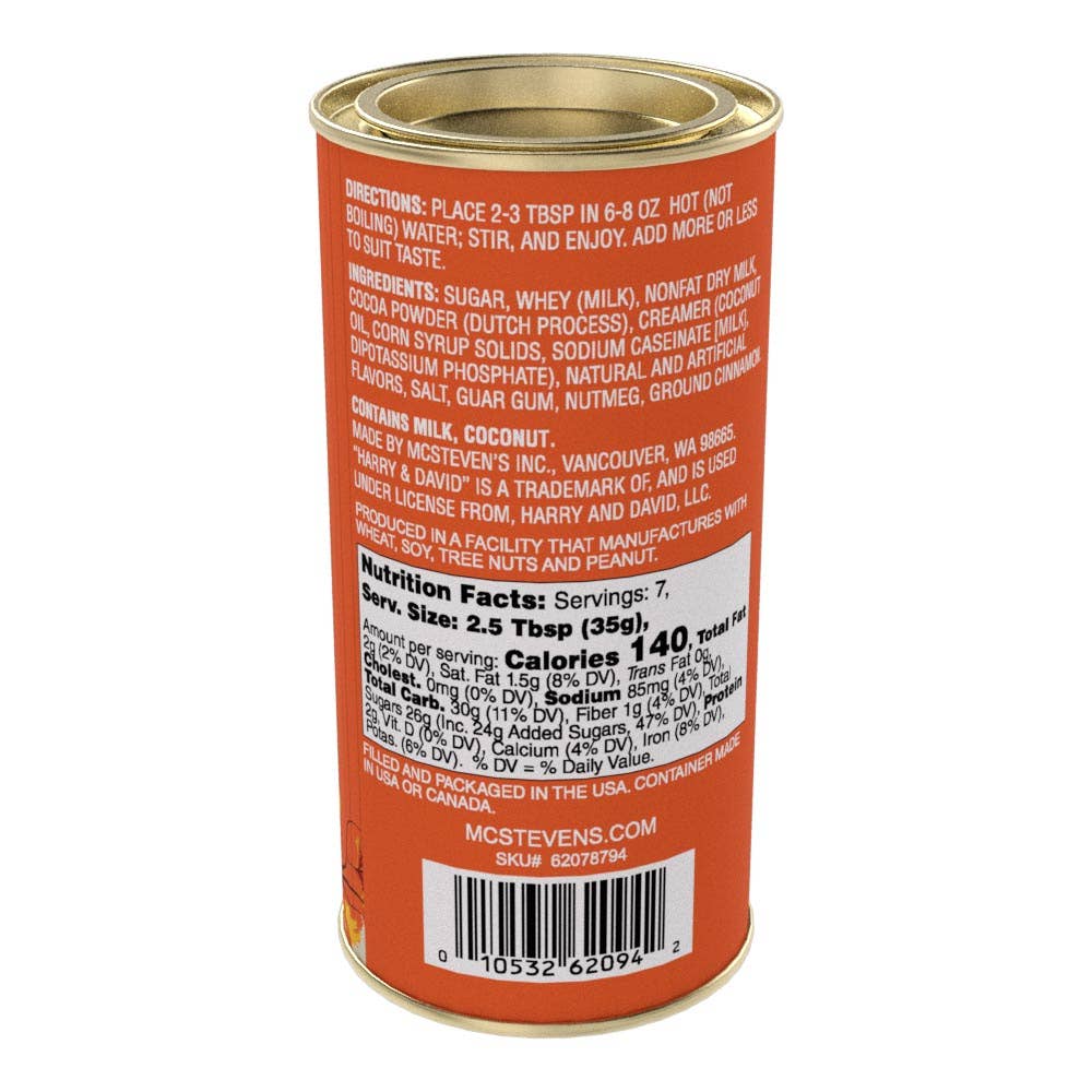 Harry & David® Fall Pumpkin Spice Cocoa back of tin showing ingredients and nutrition information. 