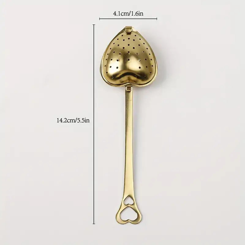Heart-Shaped Golden Tea Strainer measures 1.6" X 5.5".