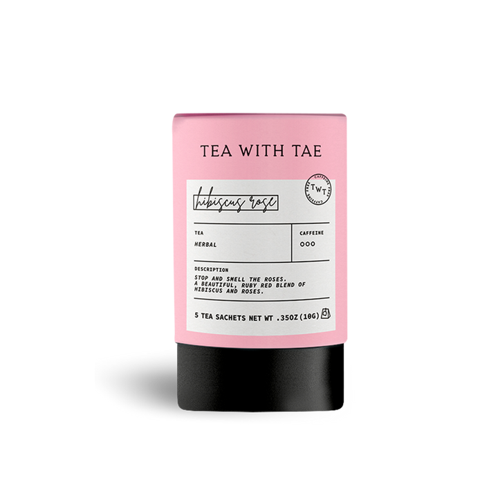 Eco-friendly paper tea tube containing Hibiscus Rose Herbal Tea pyramid sachets.